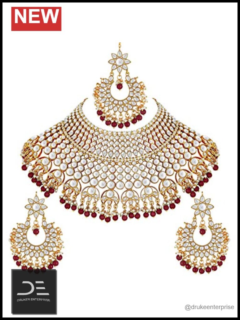 Faux Kundan Choker Necklace with Maang Tikka Indian Ethnic Jewelry Set